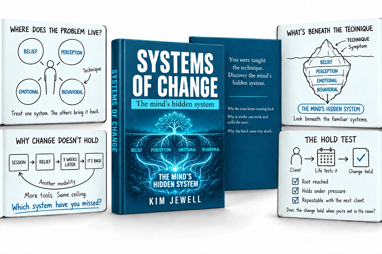 Systems of Change by Kim Jewell: the program cover alongside course visuals — Where does the problem live, Why change doesn’t hold, What’s beneath the technique, and The hold test.