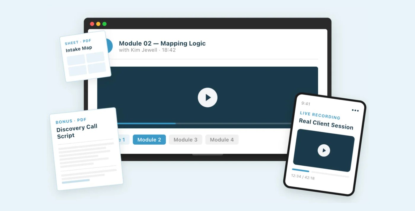 The walkthrough bundle: Module 02 — Mapping Logic video lesson with Kim Jewell, the Intake Map sheet, the Discovery Call Script bonus and the Real Client Session live recording.