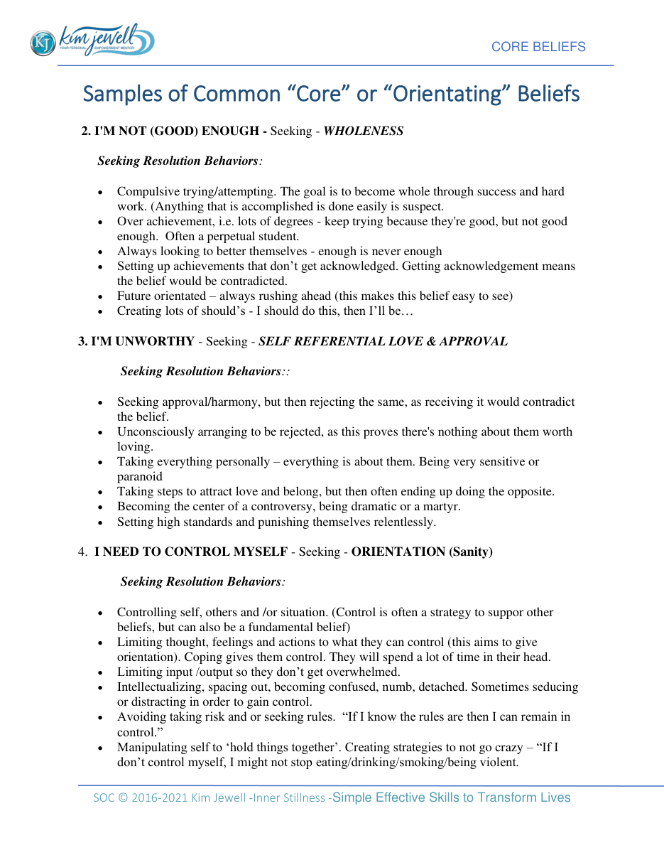 Worksheet page: Samples of common core or orientating beliefs, such as I’m not good enough, I’m unworthy and I need to control myself, each with the seeking-resolution behaviours that go with it.